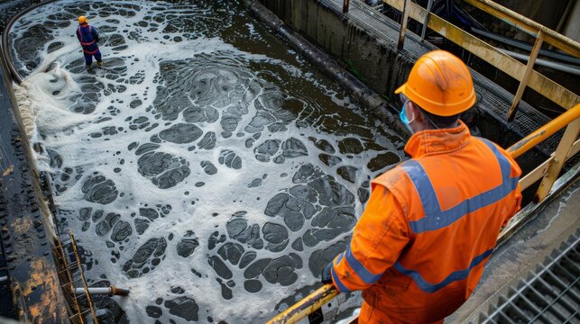 Sludge Treatment, Workers monitoring dewatering equipment processing the sludge into a manageable solid.