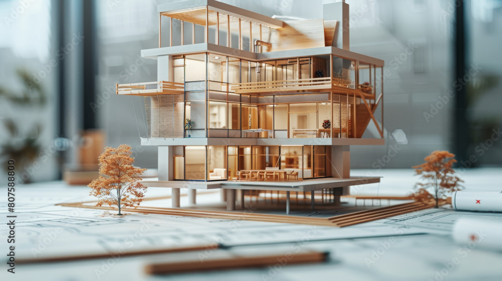 Poster an architectural model of a modern multi-story building displayed on a table with blueprints, pencil