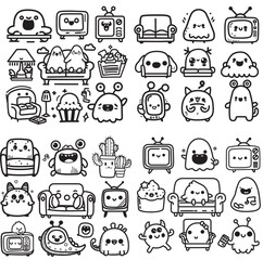 Set Funny Cute Doodle Poster Style. Hand Draw Illustration Collection V1