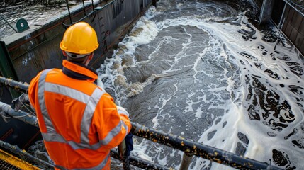 Sludge Treatment, Workers monitoring dewatering equipment processing the sludge into a manageable solid.