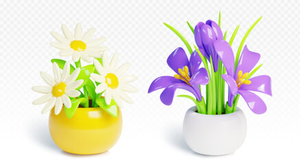 Flower in pot 3d vector set. Realistic illustration of cartoon plastic plant with blossom of daisy and crocus in white flowerpot. Home decorative floral bush in vase. House and garden vegetation