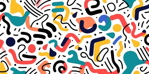 Obraz premium Doodle colorful lines in seamless pattern. Abstract art background vector design with childish doodles, leaves, dots in bright colors. Examples of textile or fabric print designs.