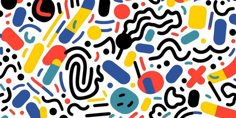 Obraz premium Doodle colorful lines in seamless pattern. Abstract art background vector design with childish doodles, leaves, dots in bright colors. Examples of textile or fabric print designs.