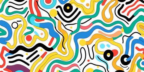 Doodle colorful lines in seamless pattern. Abstract art background vector design with childish doodles, leaves, dots in bright colors. Examples of textile or fabric print designs.