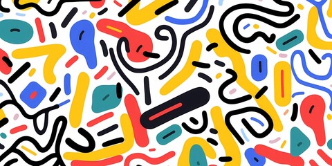 Obraz premium Doodle colorful lines in seamless pattern. Abstract art background vector design with childish doodles, leaves, dots in bright colors. Examples of textile or fabric print designs.