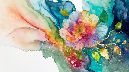 rainbow  watercolour with gold and a flower