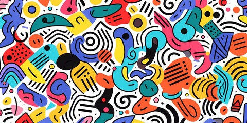 Obraz premium Doodle colorful lines in seamless pattern. Abstract art background vector design with childish doodles, leaves, dots in bright colors. Examples of textile or fabric print designs.