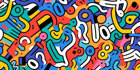 Doodle colorful lines in seamless pattern.  Abstract art background vector design with childish doodles, leaves, dots in bright colors.  Examples of textile or fabric print designs.