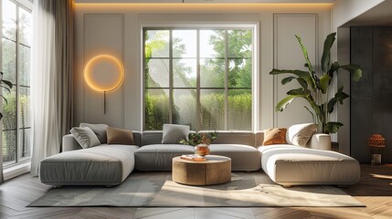 A modern light luxury style living room with stylish furniture, minimalist design, contemporary decor, natural light, bright, minimalistic decor, sleek aesthetics. Generative AI.