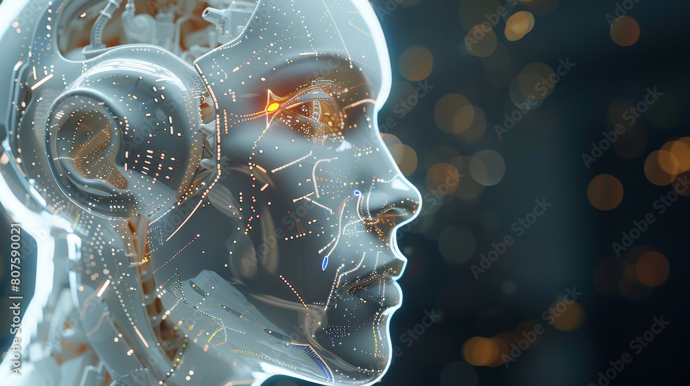 Poster representing artificial super intelligence as a human invention. generative ai.
