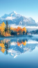 Serene Autumn Morning by a Crystal Clear Mountain Lake With Reflections