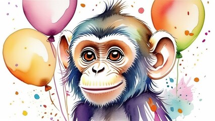 Funny cartoon monkey with balloons and confetti on a white background. A colorful card for a birthday or other festive event. Watercolor birthday card with a monkey.