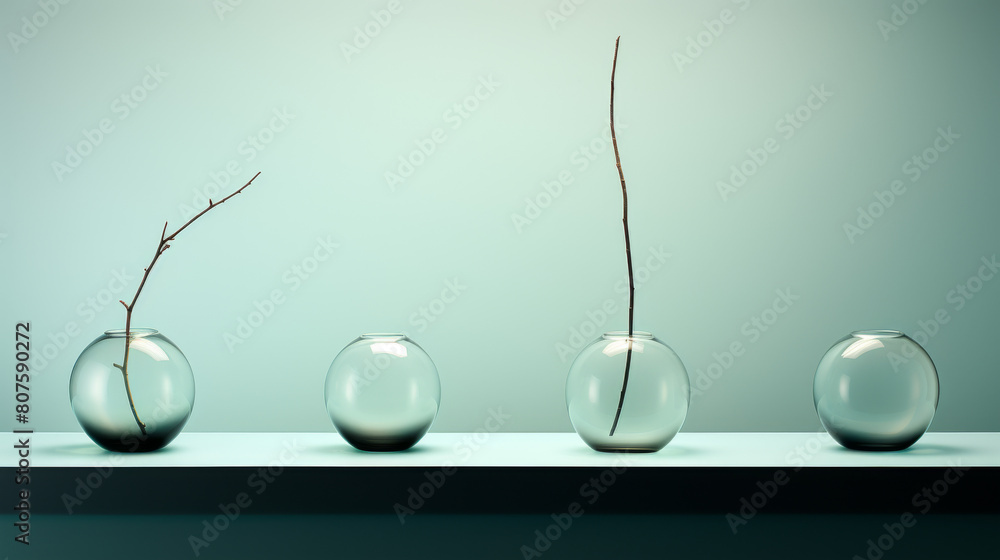 Poster Four vases with branches in them are arranged on a shelf