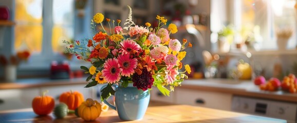 A Bouquet Of Bright Colorful Autumn Flowers On A Bright Table In A Cozy Light Kitchen Invites Feelings Of Warmth And Comfort, Background HD For Designer 
