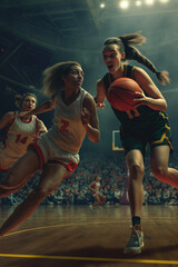 A basketball female player dribbling to the basket