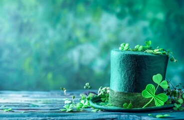 Green Hat and Clover Leaves Spread on a Textured Background for St. Patricks Day Celebration