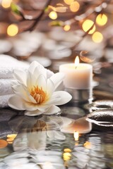 Serene Spa Setting With Water Lily, Candle, and Stones Reflecting in Tranquil Water