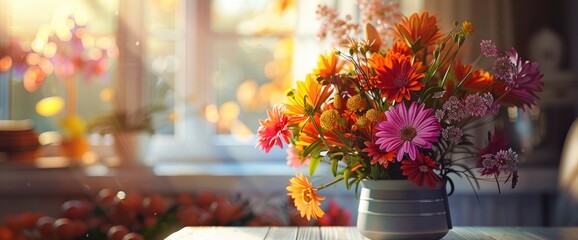 A Bouquet Of Bright Colorful Autumn Flowers On A Bright Table In A Cozy Light Kitchen Invites Feelings Of Warmth And Comfort, Background HD For Designer 