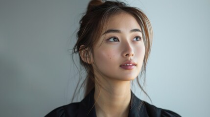 Obraz premium a young Asian woman overcoming challenges and achieving her goals against a clean white background.