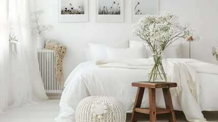 Flowers on wooden stool and pouf in white bedroom interior with posters above bed.