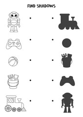Find the correct shadows of black and white toys. Logical puzzle for kids.