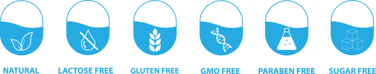 Set of icons gluten free, GMO free, sugar free, paraben, lactose free. Product packaging labels. Vector illustration