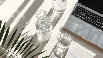 Flatlay laptop computer, decanter and glass of clean pure water casting sunlight shadow. Top view minimalist aesthetic work, business concept  - Powered by Adobe