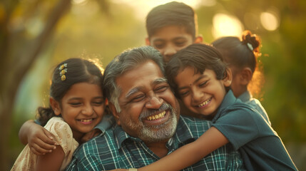 Brimming with happiness, a proud father is surrounded by his children, who shower him with congratulations and affectionate gestures. Their wide smiles and laughter