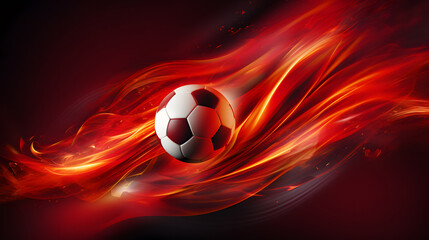 3D rendering of a black and white soccer ball burning with hot flames on a red background under a spotlight background.