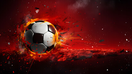 Fototapeta premium 3D rendering of a black and white soccer ball burning with hot flames on a red background under a spotlight background.