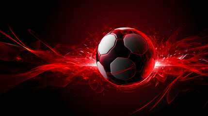 Fototapeta premium 3D rendering of a black and white soccer ball burning with hot flames on a red background under a spotlight background.