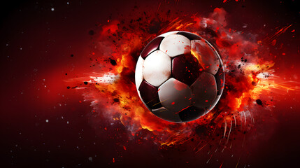 Fototapeta premium 3D rendering of a black and white soccer ball burning with hot flames on a red background under a spotlight background.