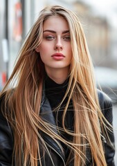 Serene Young Woman With Flowing Hair on a Windy Day Outdoors
