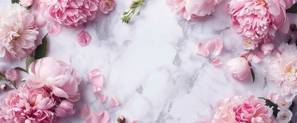 A Frame Wreath Of Pink Peony Flowers With Copy Space For Text On Pastel Marble Background Invites A Moment Of Romance And Elegance, Background HD For Designer 