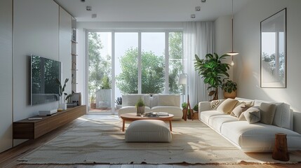 Fototapeta premium Apartment living room with overcast side lighting, featuring a tranquil and minimalist interior style with minimal decor. Generative AI.