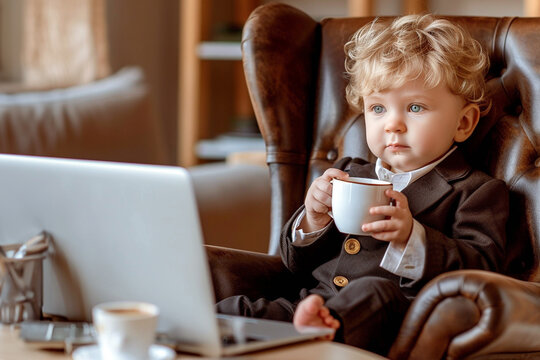 Little boy dressed up as businessman with jacket sitting in an office in front of computer laptop, while having a cup of coffee - Powered by Adobe
