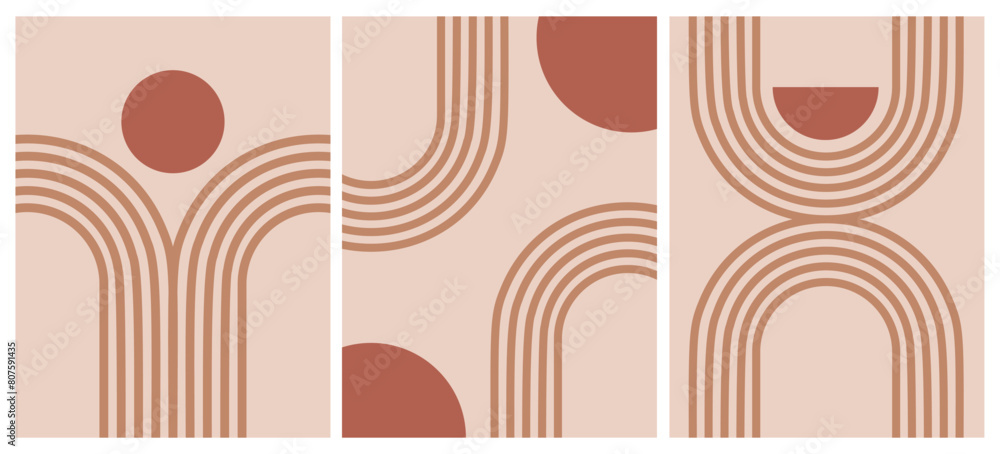Poster abstract boho line art geometric shapes. modern graphic background with minimal arch and circles. si