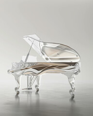3D rendered creatively designed piano, ad mockup, isolated on a white and gray background.