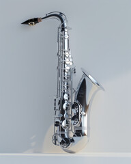 3D rendered creatively designed saxophone, ad mockup, isolated on a white and gray background.