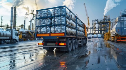 Transportation of Industrial Waste, Depict large, secure trucks transporting sealed containers of hazardous waste from factories to treatment facilities, focusing on logistics and safety protocols.