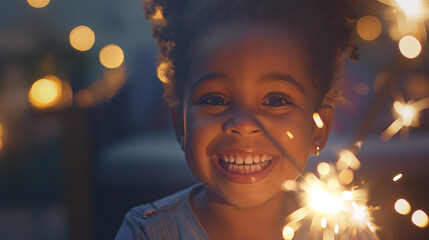 With a gleeful smile, a happy child celebrates the 4th of July, Independence Day, or Memorial Day by holding a sparkler aloft, its bright glow illuminating their face with joy