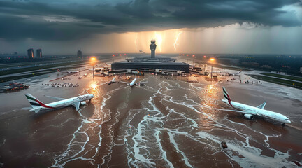 Extreme flood in airport, many planes and aircrafts are washed away by rapid flows of water, heavy rain. Aerial high view. Generative AI.