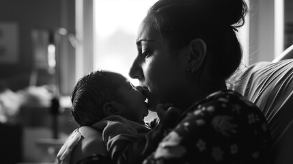 a sense of awe and wonder, a mother cradles her newborn baby in her arms, their eyes locked in a silent exchange of love and understanding hospital room, the mother's heart swells with overwhelming 