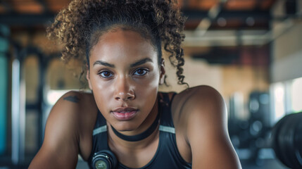 With determination in her eyes, a young athlete harnesses the power of technology to optimize her fitness routine her gym workout progress and training session