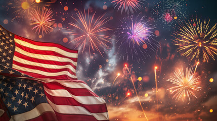 Against the backdrop of a dazzling fireworks display in the night sky, the USA flag unfurls gracefully, bathed in shades of red white, and blue. the celebratory atmosphere of 4th July Independence Day