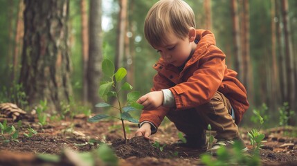 a child is planting a tree seedling in the forest – a symbol for sustainability, growth and new beginning