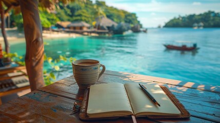 Obraz premium Travel Journal, An open journal with a pen and a cup of coffee on a table overlooking a scenic vacation spot.