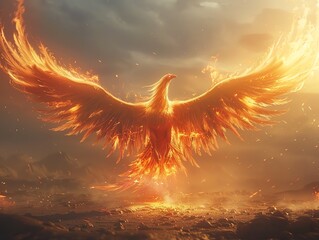 Capture a majestic phoenix soaring over a desolate landscape