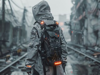 Capture a post-apocalyptic trendsetter from behind, donning avant-garde garments with luminous accents, blending seamlessly into a gritty urban backdrop of decay and innovation