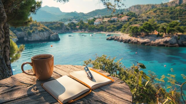 Travel Journal, An open journal with a pen and a cup of coffee on a table overlooking a scenic vacation spot.